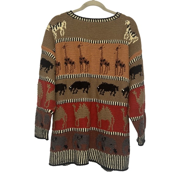 VTG 90s Knit Safari Chunky Cardigan Animals Artsy‎ Ramie Cotton Tunic Length L - Picture 5 of 10